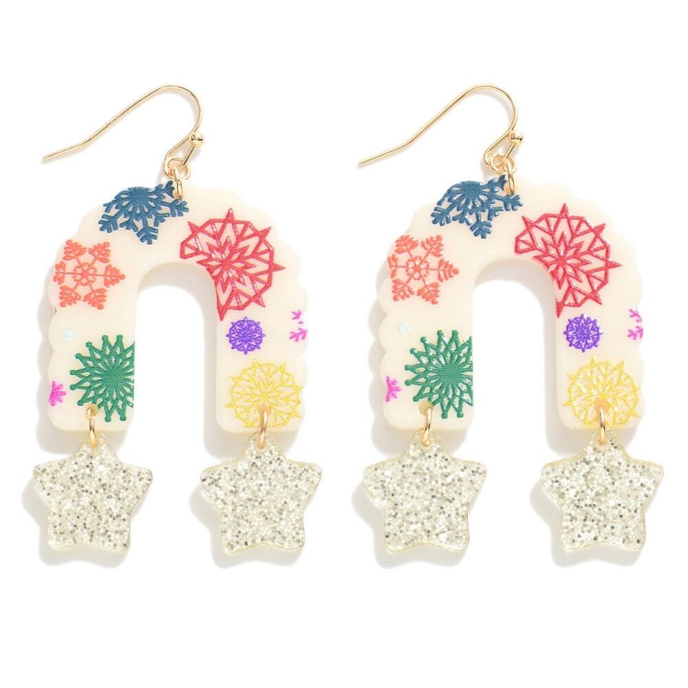 Snowflake Garland Arch Drop Earrings Glitter Star Dangle White